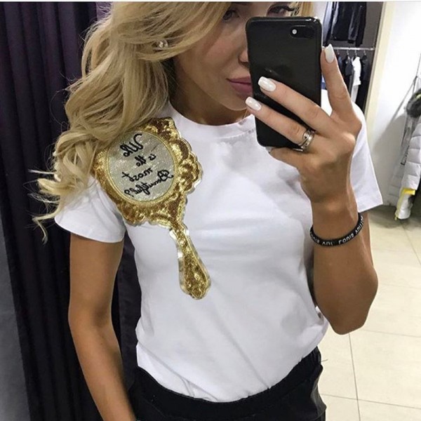 2017 Brand New Summer Tops Fashion Clothes for Women Shoulder Sequin Mirror Harajuku Kawaii T Shirt Women's T-Shirts Camisas