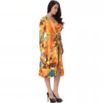 2017 Casual Sexy Women Summer Dress Yellow Printed Ruffles Midi Floral Dress V Neck Long Sleeve Plus Size Dress  4XL 5XL 6XL 7XL