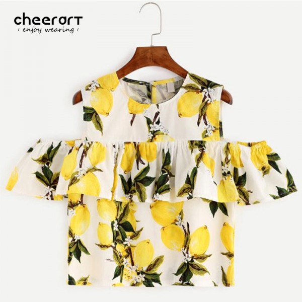 2017 Cotton Linen Ruffle Summer T-Shirt Women Casual Floral Print Cold Shoulder Female Crop Top Hot Clothing