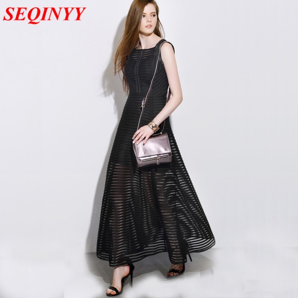 2017 Early Spring New Fashion Daily Hight Quality Women Elegant Vest Hollow Out Stripes A-link Ivory / Black Ankle-length Dress