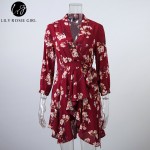 2017 Elegant Long Sleeve Red Floral Print Boho Autumn Dress Cross Over Sashes V Neck Women Dresses Party Club Sexy Vestidos