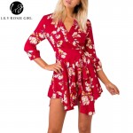 2017 Elegant Long Sleeve Red Floral Print Boho Autumn Dress Cross Over Sashes V Neck Women Dresses Party Club Sexy Vestidos