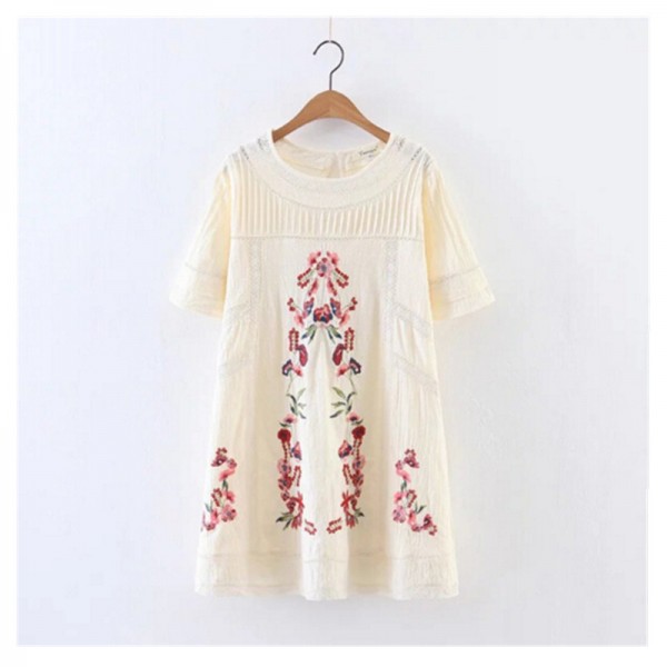 2017 Embroidery Flower Spliced Lace Dress Ethnic New Woman Hollow Out Lace Wrinkle Cotton Short Sleeve Cotton Dresses