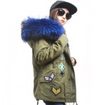 2017 Embroidery army green winter jacket women big genuine natural fox real fur coat With Raccoon Dog Fur Collar Thick Warm Fur