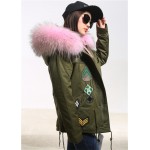 2017 Embroidery army green winter jacket women big genuine natural fox real fur coat With Raccoon Dog Fur Collar Thick Warm Fur