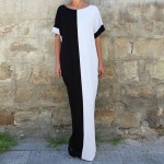 2017 Fashion Spring Dress  Elegant Loose Long Maxi Color Block Dresses Black And White Party Dress Plus Size Vestido DF286