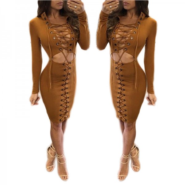 2017 Fashion high quality women spring elegant bodycon sexy club long-sleeve front lace up Dress Vestidos Curto Cortos