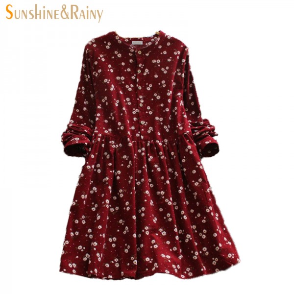 2017 Japanese korean style long sleeved autumn fall all match fashion small flowers print floral fashion corduroy woman dress