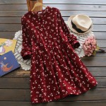 2017 Japanese korean style long sleeved autumn fall all match fashion small flowers print floral fashion corduroy woman dress