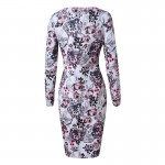 2017 Knee-Length Printed Flower Fashion Pattern Three-Quarter Sleeve Sheath Women Midi Dresses