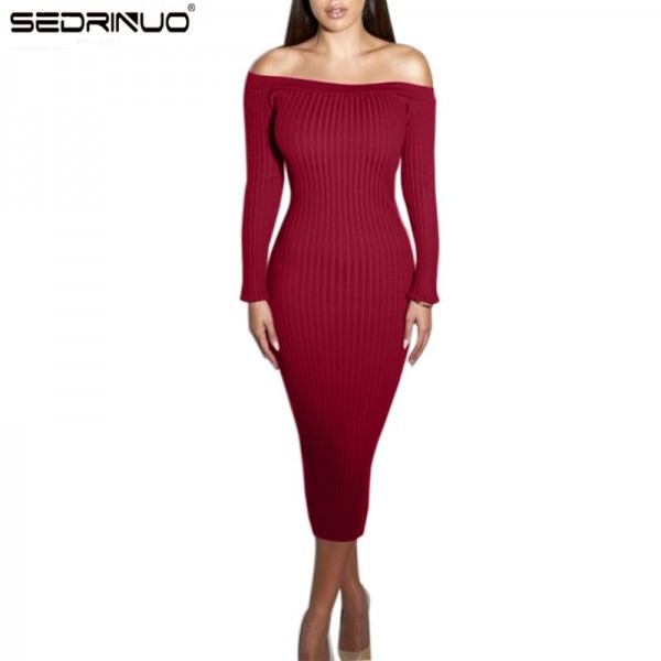 2017 New Arrival Autumn Winter European Sexy Women Off Shoulder Slash Neck Long Sleeve Knitted Sweater Knee Dress Women Sweaters