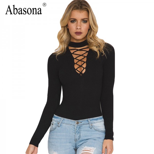 2017 New Arrival T-Shirt Criss Cross Tie Up Women Sexy Ribbed T Shirt Summer Style Long Sleeve Tops Hollow Out Womens Top