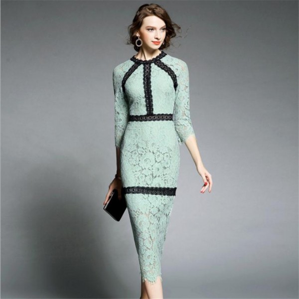 2017 New Arrival Women Dress High Quality Patchwork Luxury Full Lace Dress Mid-Calf Ladies Green Elegant Dresses OL Vestidos Hot