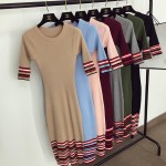 2017 New Arrived Autumn Dress Chic Women Striped Half-sleeved Mid-calf Slim OL Sweater Dress Winter Knitted Pullovers Vestidos