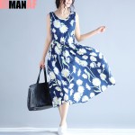 2017 New Big Size Summer Sundress Women Dress Sleeveless Floral Print Linen Sundress Female Casual Beach Large Size Blue Dress