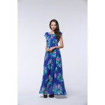 2017 New Fashion Women Summer Chiffon Dress Sexy Sleeveless Plus Size 5XL 6XL Blue Floral Beach Casual Long Maxi Dress