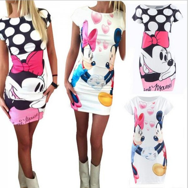 2017 New Fashion Women Summer Plus Size S-3XL Short Sleeve Slim Bodycon Cartoon Mouse Print Sexy Mini Dress Vestido Curto Cortos