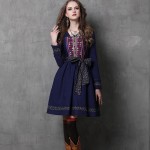 2017 New Long Sleeve Bohemian Linen Pleated Dresses Women Boho Embroidery Belt Ethnic Empire Square Collar Casual Dress Vestidos