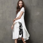 2017 New Summer Boho Vintage Ethinc Casual Ancient Ink Print Pleated Women Long Fake Two Pieces Vestidos Cotton Linen Dresses