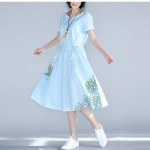 2017 New Summer Women Casual Loose Dress V Neck Cotton And Linen Blue Femininos Vestidos Short Sleeve Printed Elegant Dress 2XL