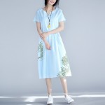 2017 New Summer Women Casual Loose Dress V Neck Cotton And Linen Blue Femininos Vestidos Short Sleeve Printed Elegant Dress 2XL