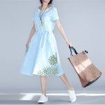 2017 New Summer Women Casual Loose Dress V Neck Cotton And Linen Blue Femininos Vestidos Short Sleeve Printed Elegant Dress 2XL