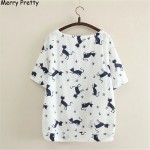 2017 New White Cotton Linen T-shirt Fashion Summer Animal Cat Print Shirt O-Neck Short Sleeve T Shirt Women Tops Cartoon Tees