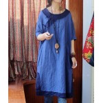 2017 New Women Original Design High-end Pure Linen Fabric Edges Hit Color Handmade Buttons Half Sleeve Side Slits Leisure Dress