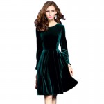 2017 Plus Size Womens Velvet Dresses Winter Dark Green Women Evening Party Dress Elegant A-Line Robe Femme Automne Hiver