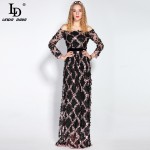 2017 Runway Maxi Dress Women Party Wear Floor Length Slash neck Off the Shoulde Floral Embroidery Appliques Vintage Long Dress