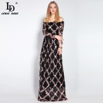 2017 Runway Maxi Dress Women Party Wear Floor Length Slash neck Off the Shoulde Floral Embroidery Appliques Vintage Long Dress