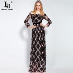 2017 Runway Maxi Dress Women Party Wear Floor Length Slash neck Off the Shoulde Floral Embroidery Appliques Vintage Long Dress