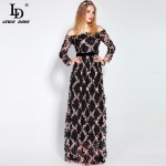 2017 Runway Maxi Dress Women Party Wear Floor Length Slash neck Off the Shoulde Floral Embroidery Appliques Vintage Long Dress