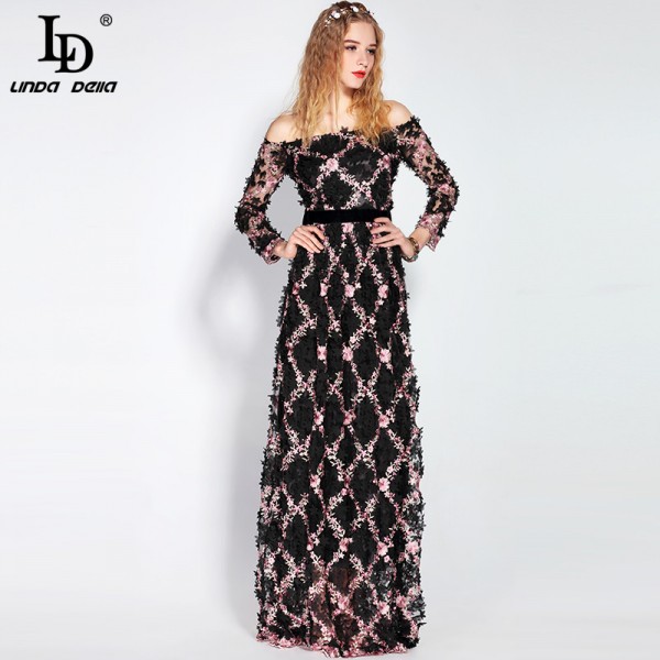 2017 Runway Maxi Dress Women Party Wear Floor Length Slash neck Off the Shoulde Floral Embroidery Appliques Vintage Long Dress