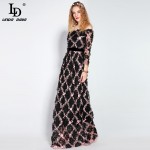 2017 Runway Maxi Dress Women Party Wear Floor Length Slash neck Off the Shoulde Floral Embroidery Appliques Vintage Long Dress