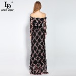 2017 Runway Maxi Dress Women Party Wear Floor Length Slash neck Off the Shoulde Floral Embroidery Appliques Vintage Long Dress