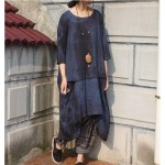 2017 Spring New Patchwork Tie Dye Vintage Women Dress Three Quarter Sleeve Round Neck Loose Plus Size Irregular Dress