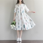 2017 Spring Summer Mori Girl Women Lovely Dress Peter Pan Collar Cute Half Sleeve Femininos Vestidos Cotton Casual Printed Dress