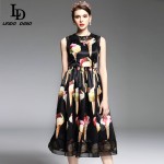 2017 Spring Summer New Runway Designer Dress Women's Sleeveless Vest Crystal Button Black Vintage Ice Cream Print Dress