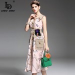 2017 Spring Summer New Runway Dress Women's Spaghetti Strap Vest Button Beading Cotton and Linen Pockets Vintage Retro Dress