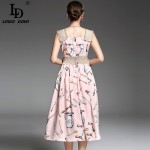 2017 Spring Summer New Runway Dress Women's Spaghetti Strap Vest Button Beading Cotton and Linen Pockets Vintage Retro Dress