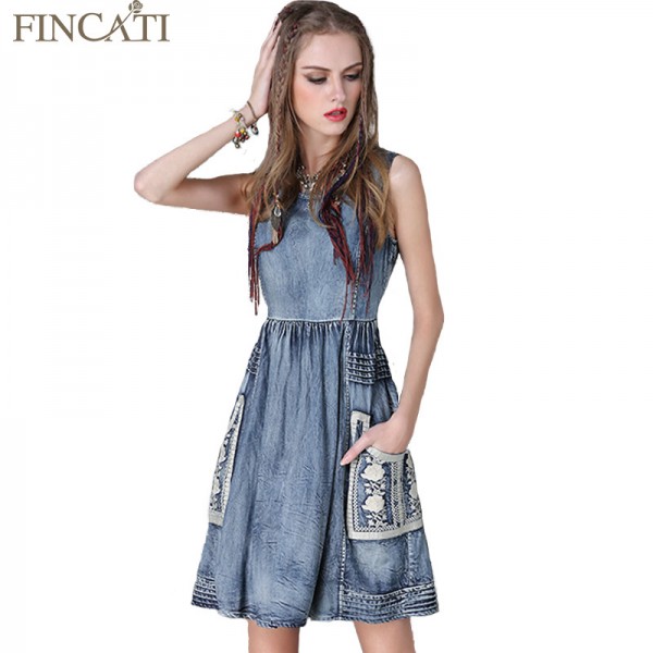 2017 Spring Summer New Vintage Women Denim Dresses O-Neck Sleeveless with Lace Pockets Dress Vestido Vestidos