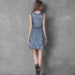 2017 Spring Summer New Vintage Women Denim Dresses O-Neck Sleeveless with Lace Pockets Dress Vestido Vestidos