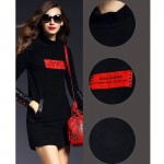 2017 Spring Women Casual Black Red Print Leather Sleeve Turtleneck Knitted Bodycon Slim Mini Dress European Style