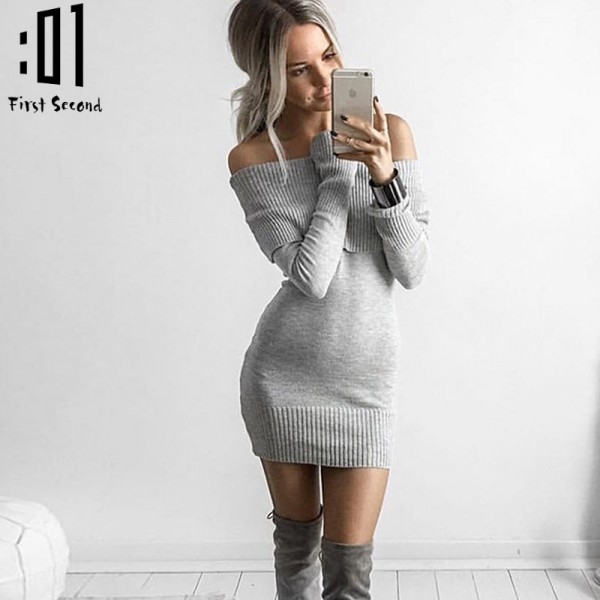 2017 Spring Women Mini Dress Slash Neck Bodycon Women Sweater Dress Casual Long Sleeve Off Shoulder Autumn Dress Ruffle Vestidos