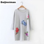 2017 Spring Women ZA Floral Appliques Casual Loose Long Sleeve Straight Looped Dress Ladies Streetwear Gray Vestidoes Femininos