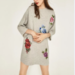 2017 Spring Women ZA Floral Appliques Casual Loose Long Sleeve Straight Looped Dress Ladies Streetwear Gray Vestidoes Femininos