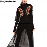 2017 Spring women sexy transparent volie patchwork flower embroidery black long vestidos casual loose hollow out dress MS024