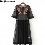 2017 Spring women sexy transparent volie patchwork flower embroidery black long vestidos casual loose hollow out dress MS024