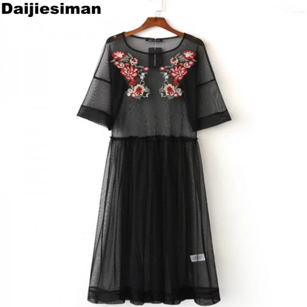 2017 Spring women sexy transparent volie patchwork flower embroidery black long vestidos casual loose hollow out dress MS024